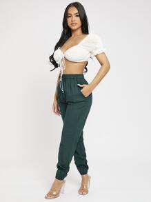 SHEIN PETITE Quần nữ Thắt nút Túi màu trơn Giải trí - Màu xanh lá cây đậm - Xem 4