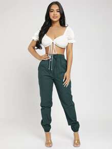 SHEIN PETITE Quần nữ Thắt nút Túi màu trơn Giải trí - Màu xanh lá cây đậm - Xem 6