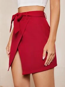 SHEIN Unity 圍裹下擺腰帶半身裙 - 紅色 - 查看 3