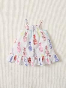 SHEIN Đầm em bé viền lá sen Viên lá sen Dải chun Rau quả Boho - trắng - Xem 2