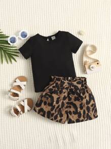 SHEIN Baby Girl Keyhole Back Tee & Leopard Print Paperbag Waist Shorts