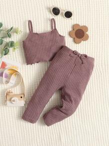 SHEIN Baby Girl Waffle Knit Lettuce Trim Cami Top & Bow Front Pants - Mauve Purple - View 1