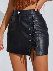 Lace Up Side Mini PU Leather Skirt - Black - View 1