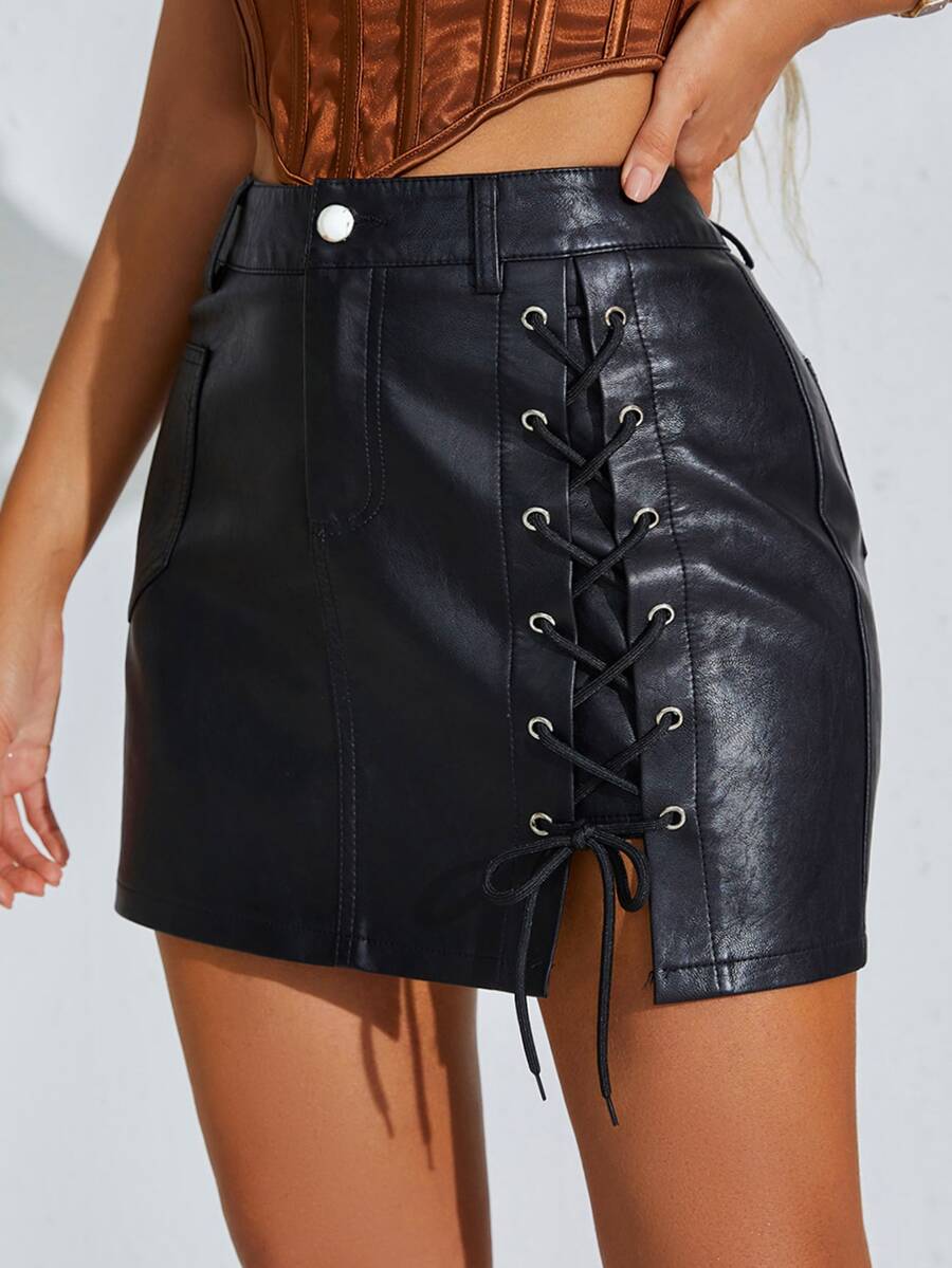 Lace Up Side Mini PU Leather Skirt - Black - View 1