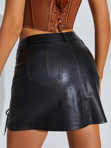 Lace Up Side Mini PU Leather Skirt - Black - View 2