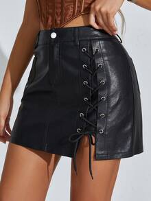 Lace Up Side Mini PU Leather Skirt - Black - View 3