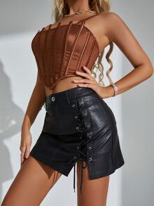 Lace Up Side Mini PU Leather Skirt - Black - View 4