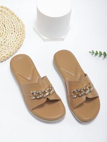 Giày bệt dày và Dép nêm Nữ Chuỗi Pha lê kim cương màu trơn Đúng mốt - màu nâu - Xem 1