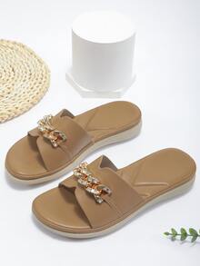 Giày bệt dày và Dép nêm Nữ Chuỗi Pha lê kim cương màu trơn Đúng mốt - màu nâu - Xem 2