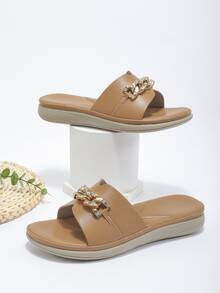 Giày bệt dày và Dép nêm Nữ Chuỗi Pha lê kim cương màu trơn Đúng mốt - màu nâu - Xem 5