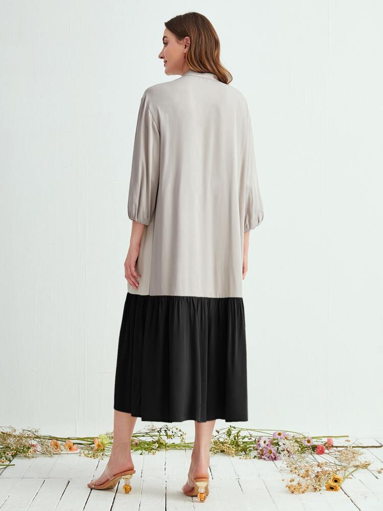 Mulvari Colorblock Lantern Sleeve Ruffle Hem Smock Dress - Multicolor - View 2