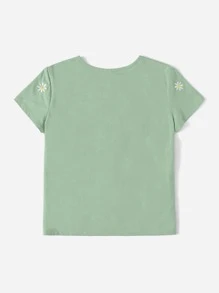 SHEIN EZwear 夏季聖派翠克節花卉雛菊綉繡綠色短袖t恤 - 綠色 - 查看 2