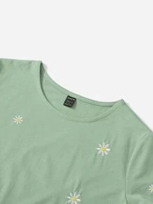 SHEIN EZwear 夏季聖派翠克節花卉雛菊綉繡綠色短袖t恤 - 綠色 - 查看 4