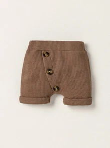 Newborn Baby Boy Waffle Knit Button Front Roll Up Hem Shorts - Brown - View 1