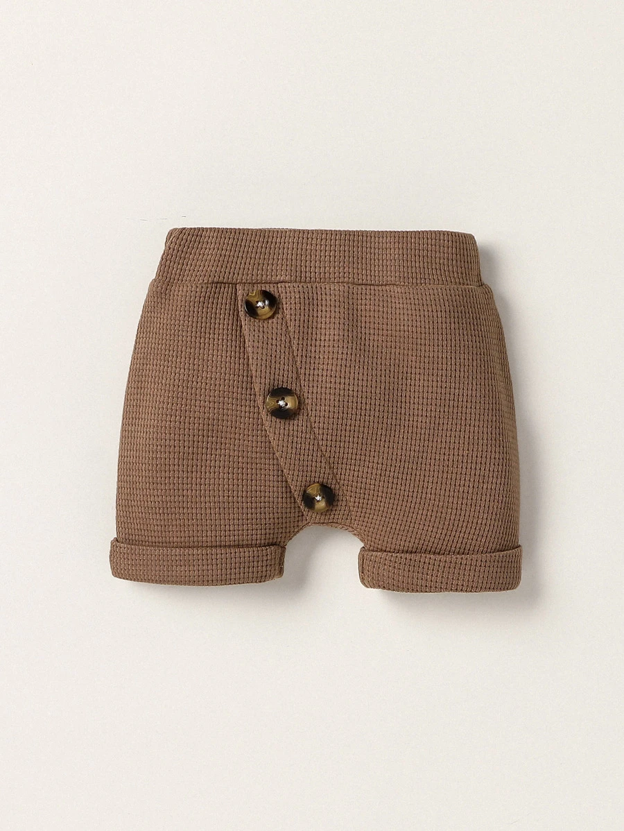 Newborn Baby Boy Waffle Knit Button Front Roll Up Hem Shorts - Brown - View 1