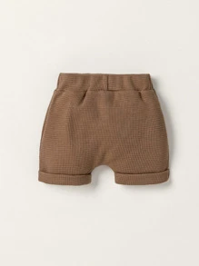 Newborn Baby Boy Waffle Knit Button Front Roll Up Hem Shorts - Brown - View 2
