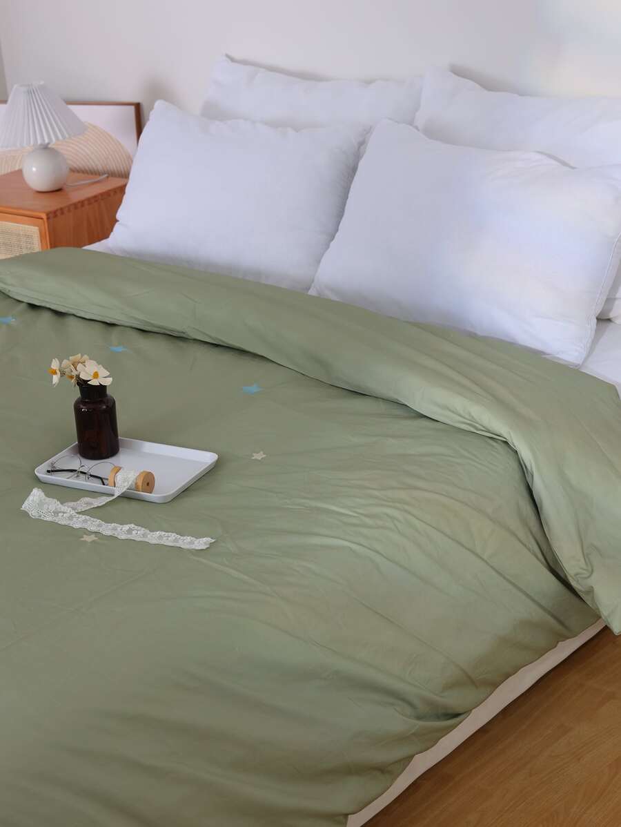 Star Embroidery Duvet Cover Without Filler - Olive Green - View 1