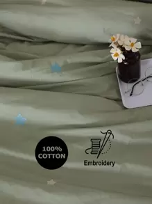 Star Embroidery Duvet Cover Without Filler - Olive Green - View 6