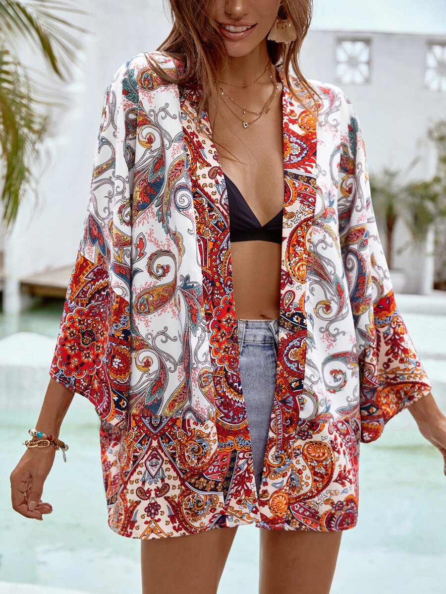 Paisley Print Batwing Sleeve Kimono - Multicolor - View 1