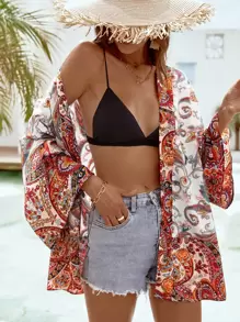 Paisley Print Batwing Sleeve Kimono - Multicolor - View 3