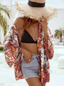 Paisley Print Batwing Sleeve Kimono - Multicolor - View 6