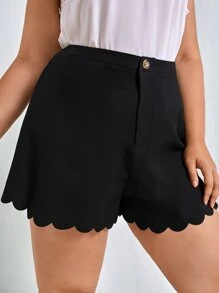 SHEIN Plus High Waist Scallop Hem Shorts - Black - View 1