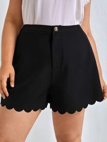 SHEIN Plus High Waist Scallop Hem Shorts - Black - View 3