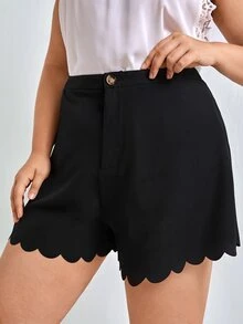 SHEIN Plus High Waist Scallop Hem Shorts - Black - View 4