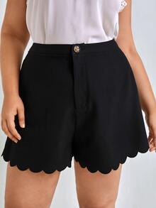SHEIN Plus High Waist Scallop Hem Shorts - Black - View 5