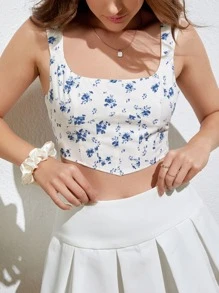 SHEIN Unity Floral Print Lace Up Back Crop Tank Top - White - View 1