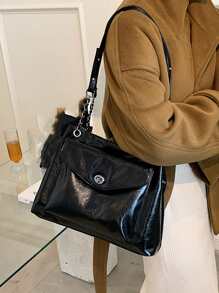 Women's Fashion Large Capacity Shoulder Tote Bag, Minimalist Solid Color Handbag, Crossbody, Work Bag, Travel, Versatile Chain Strap Bag , Office Bag - Black - View 2