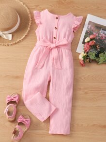 SHEIN Young Girl Flutter Sleeve Button Front Belted Jumpsuit - Baby Pink - View 1