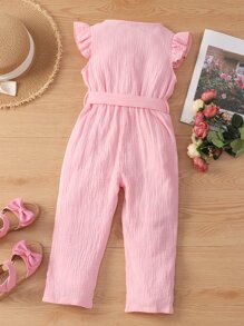 SHEIN Young Girl Flutter Sleeve Button Front Belted Jumpsuit - Baby Pink - View 2