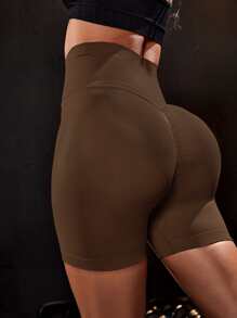 Easithlete Quần short thể thao cạp rộng liền mạch co giãn cho nữ, quần short tập gym, quần short đi xe đạp - Cà phê nâu - Xem 6