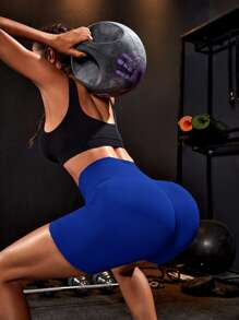 Easithlete 无缝宽腰带紧身运动短裤蓝色短裤女士运动短裤、健身短裤、骑行短裤 - 藍色 - 查看 5