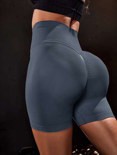 Nahtlose Shorts mit breitem Bund und Raffung am Gesäß, blaue Sportshorts für Frauen, Schweißshorts, Gym-Shorts, Bikershorts