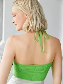 SHEIN Áo dệt kim nữ Lộ Lưng Xù Buộc lại màu trơn Gợi cảm - Màu xanh chanh - Xem 2