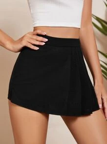 SHEIN BAE Quần đùi nữ Xếp li Trọn gói màu trơn Giải trí - màu đen - Xem 3