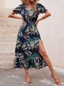 Breezaya Vestido con estampado tropical de manga farol de muslo con abertura bajo con fruncido - Multicolor - Ver 4