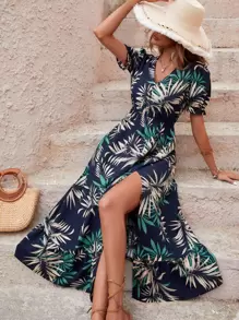 Breezaya Vestido con estampado tropical de manga farol de muslo con abertura bajo con fruncido - Multicolor - Ver 6