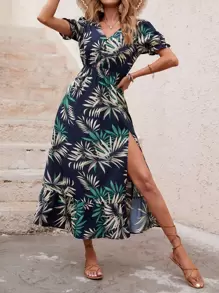 Breezaya Vestido con estampado tropical de manga farol de muslo con abertura bajo con fruncido - Multicolor - Ver 7