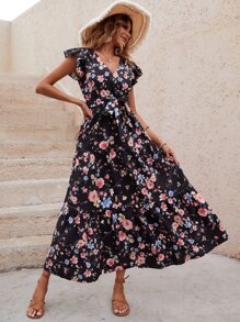 SHEIN VCAY Floral Print Butterfly Sleeve Ruffle Hem Belted Dress - Black - View 1