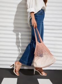 Reusable To-Go Market Filt French Net Mesh Travel Beach Bag—Natural - Pink - View 9