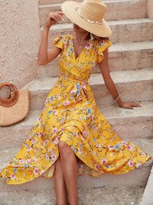 SHEIN VCAY Floral Print Butterfly Sleeve Ruffle Hem Belted Dress - Yellow - View 3