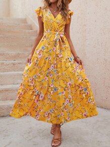 SHEIN VCAY Floral Print Butterfly Sleeve Ruffle Hem Belted Dress - Yellow - View 4