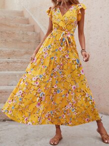 SHEIN VCAY Floral Print Butterfly Sleeve Ruffle Hem Belted Dress - Yellow - View 5