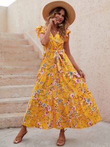 SHEIN VCAY Floral Print Butterfly Sleeve Ruffle Hem Belted Dress - Yellow - View 7