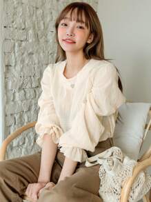 DAZY Keyhole Back Flounce Sleeve Blouse Without Bra - Beige - View 1