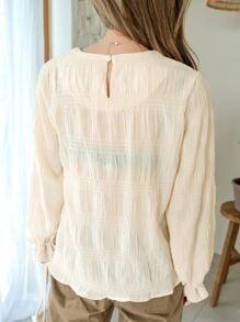 DAZY Keyhole Back Flounce Sleeve Blouse Without Bra - Beige - View 2