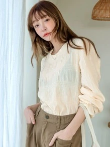 DAZY Keyhole Back Flounce Sleeve Blouse Without Bra - Beige - View 3